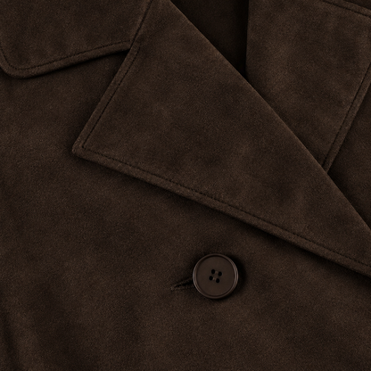 Julia Belted Faux-Suede Wrap Jacket - Brown, lapel and button close-up