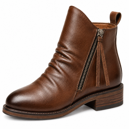 Evan Ruched Side-Zip Boots - Brown, side zip and ruched upper close-up