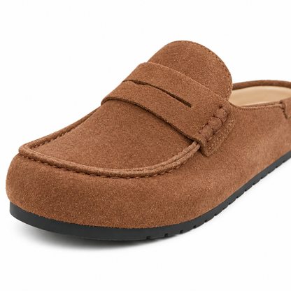 Amy Suede Penny Loafer Mules - Brown, penny strap and suede close-up