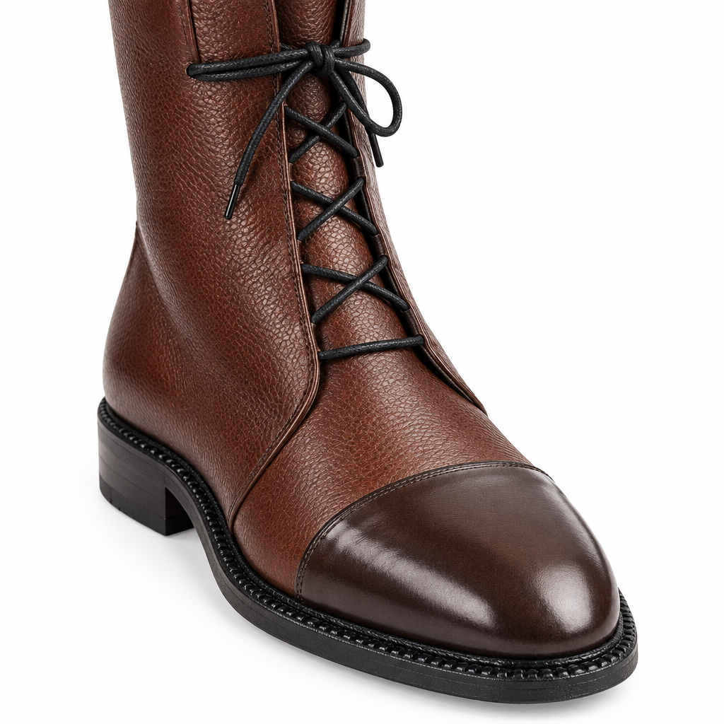 Ella Cap-Toe Lace-Up Ankle Boots - Brown, cap toe, laces and pebbled leather close-up