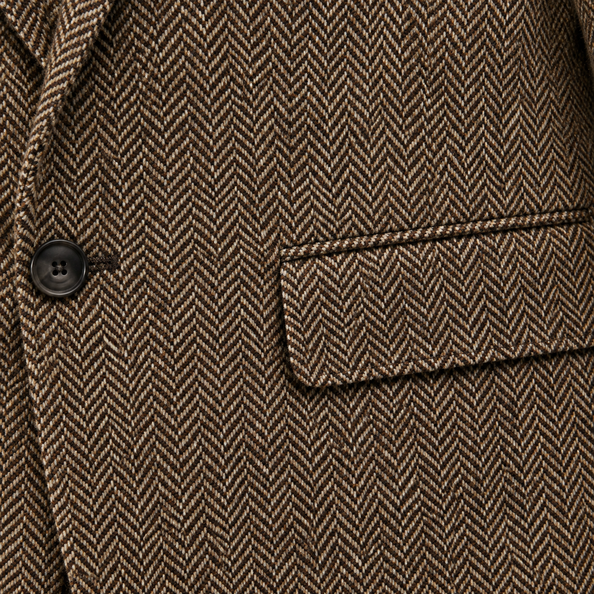 Edward Herringbone Two-Button Blazer - Brown, flap pocket and herringbone weave close-up