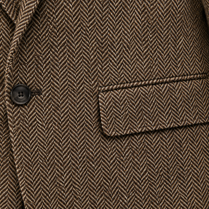 Edward Herringbone Two-Button Blazer - Brown, flap pocket and herringbone weave close-up