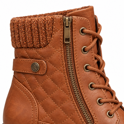 Avery Quilted Lace-Up Ankle Boots - Brown, quilting, side zip and knit cuff close-up