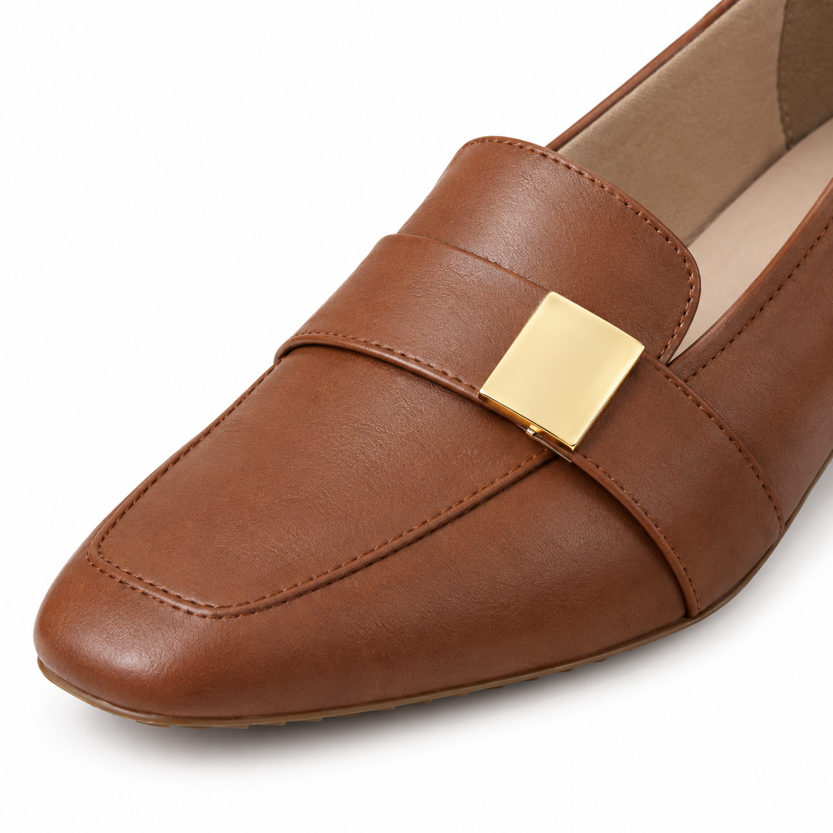 Margot Leather Block-Heel Loafers - Brown, gold plate and saddle strap close-up