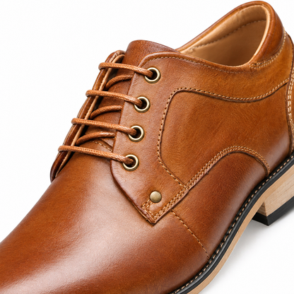 Nathan Stacked-Heel Leather Derby Shoes - Brown, leather and lacing close-up