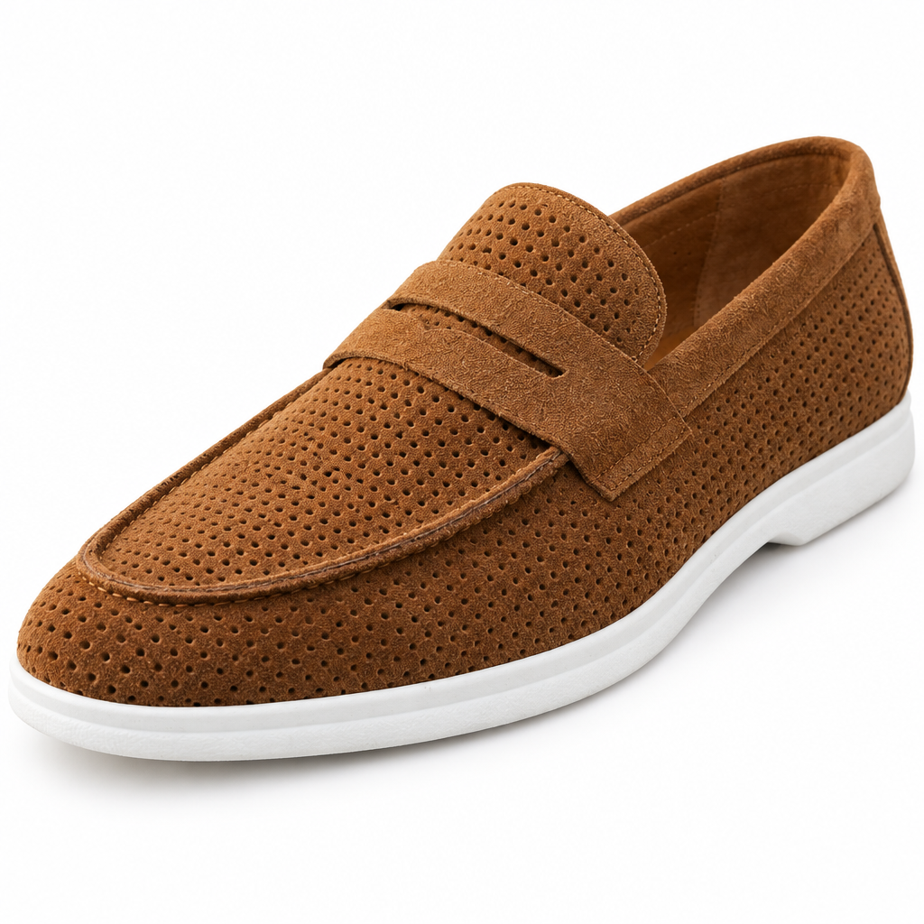 Grant Perforated Suede Penny Loafers - Brown, penny strap and perforated suede close-up