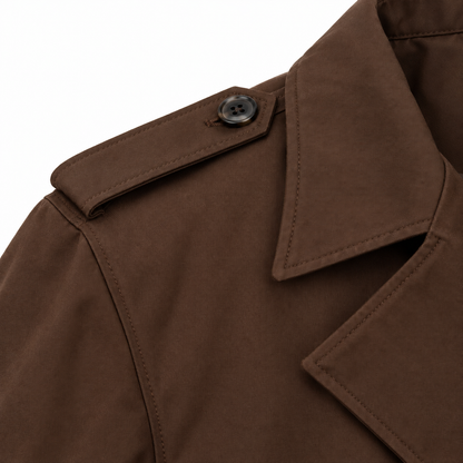 Bradley Double-Breasted Trench Coat - Brown, epaulette and lapel close-up