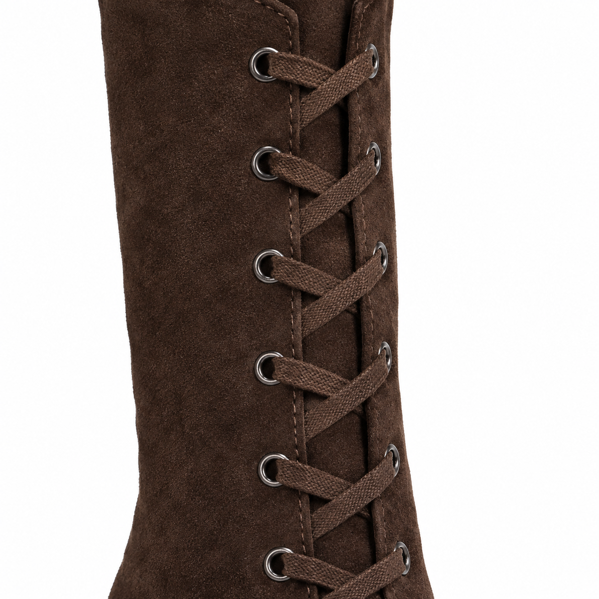 Willow Lace-Up Block-Heel Tall Boots - Dark Brown, front lacing and eyelet close-up
