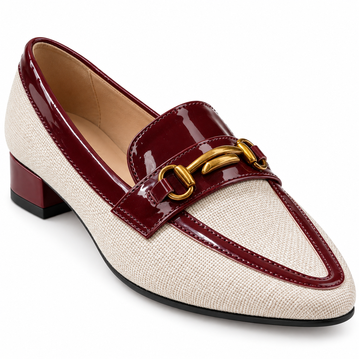 Ella Woven Horsebit Loafers - Brown, woven upper and horsebit close-up