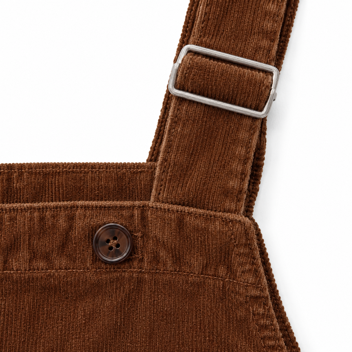 Walker Corduroy Bib Overalls - Brown, strap buckle and corduroy close-up