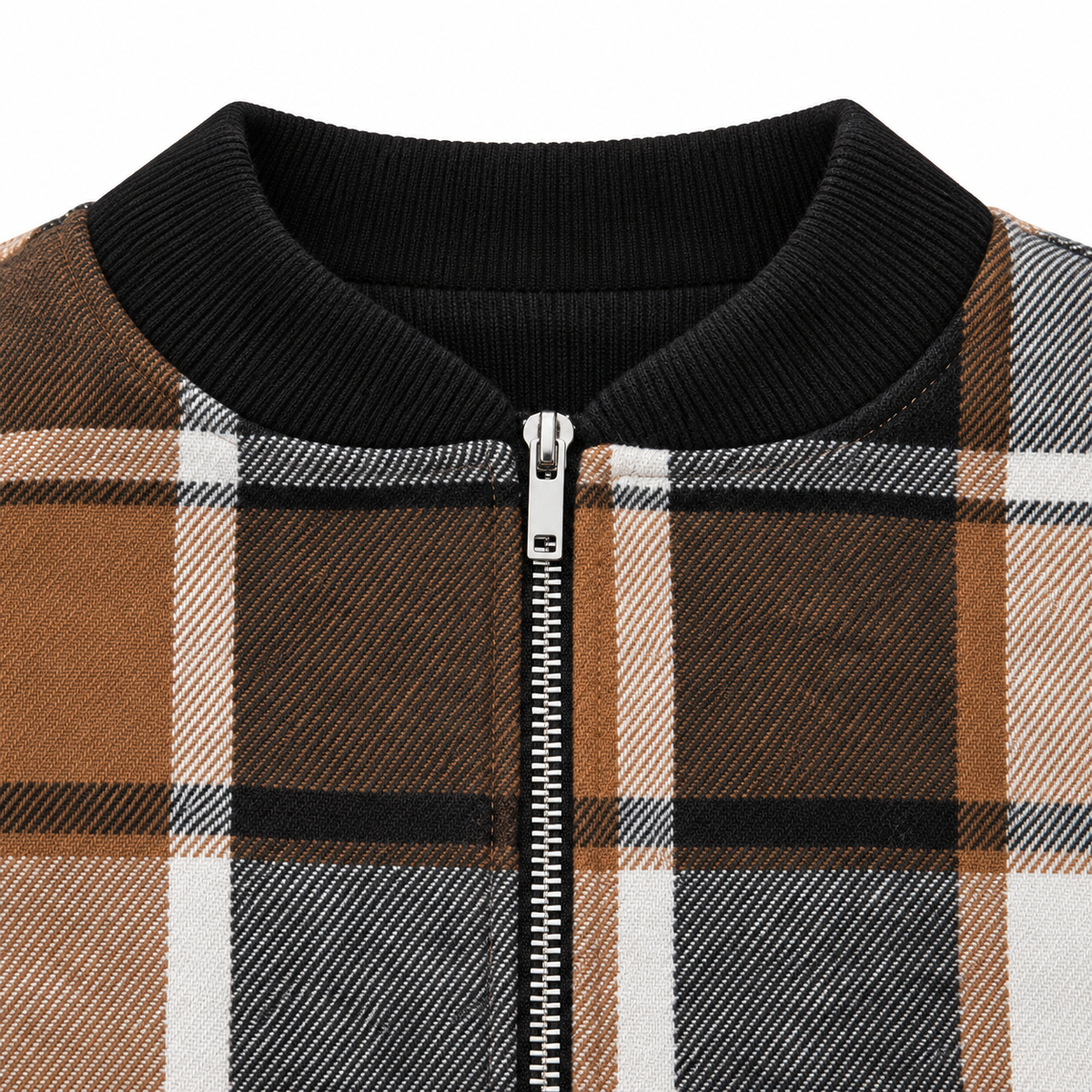 Molly Plaid Zip Bomber Jacket - Brown, rib collar and zip close-up