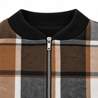 Molly Plaid Zip Bomber Jacket - Brown, rib collar and zip close-up