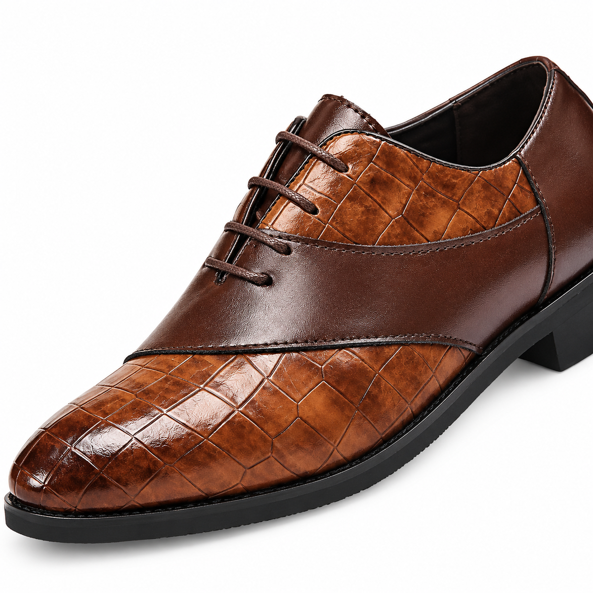 Vincent Croc-Embossed Leather Oxfords - Brown, croc-embossed leather close-up