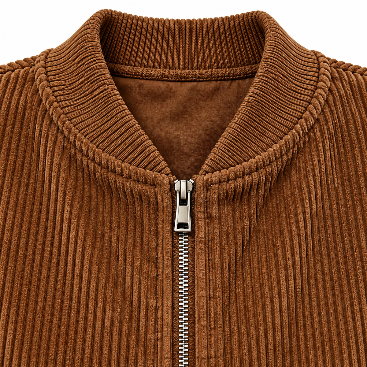 Kayla Corduroy Zip Bomber Jacket - Brown, collar and zip close-up