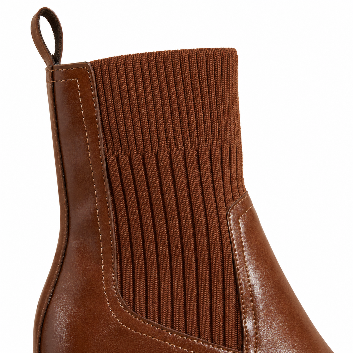 Quinn Knit-Shaft Ankle Boots - Brown, knit shaft and pull loop close-up