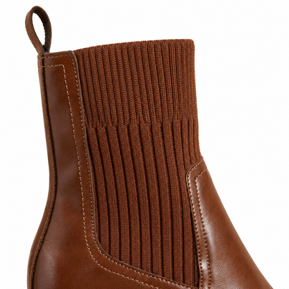 Quinn Knit-Shaft Ankle Boots - Brown, knit shaft and pull loop close-up