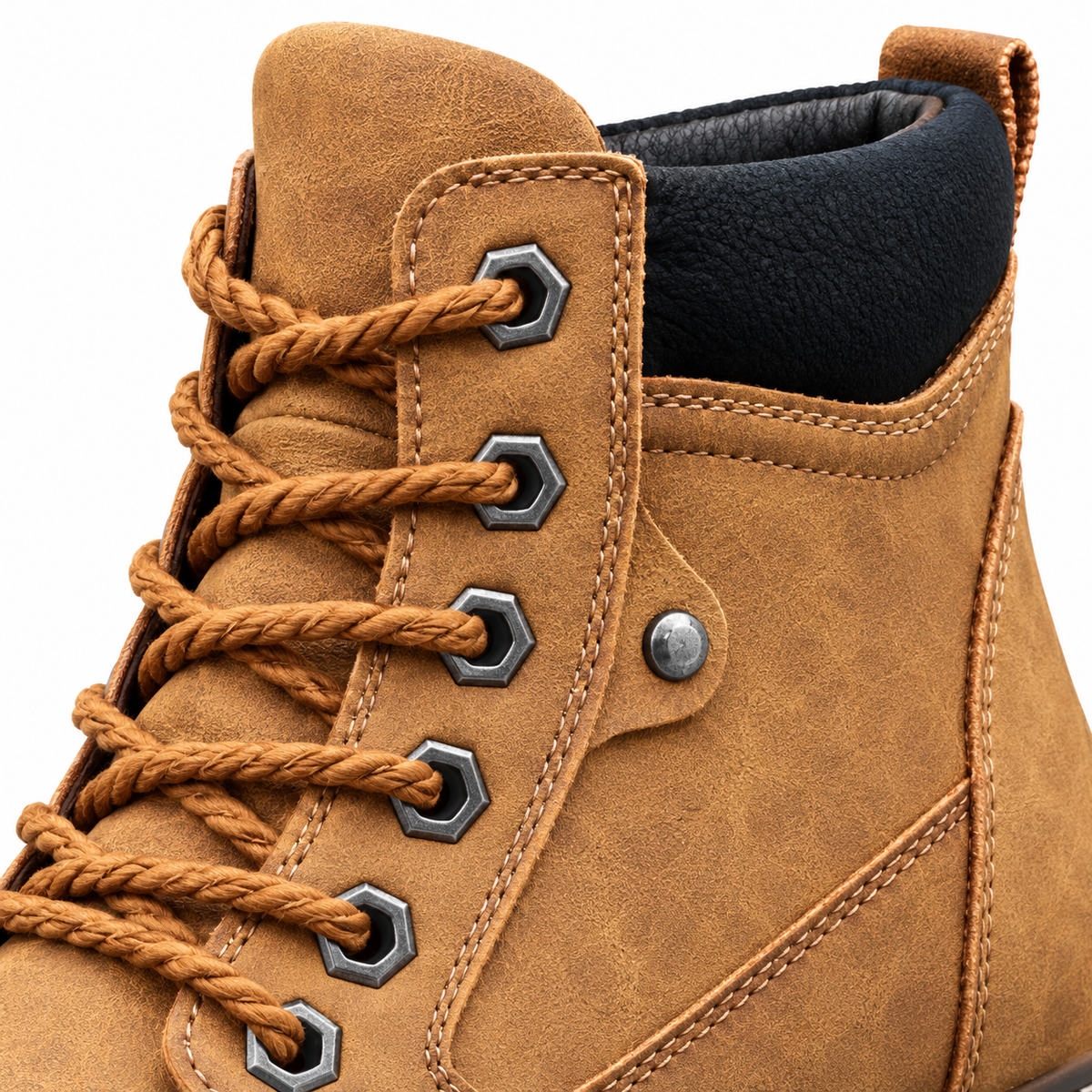 Wyatt Lug-Sole Lace-Up Boots - Brown, lacing and collar close-up