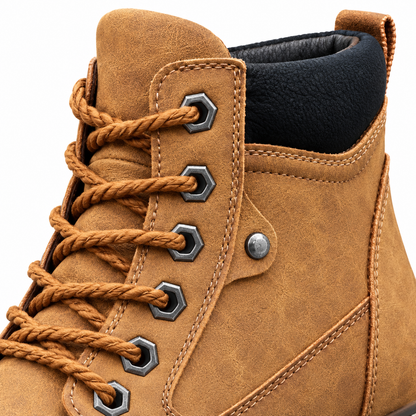 Wyatt Lug-Sole Lace-Up Boots - Brown, lacing and collar close-up