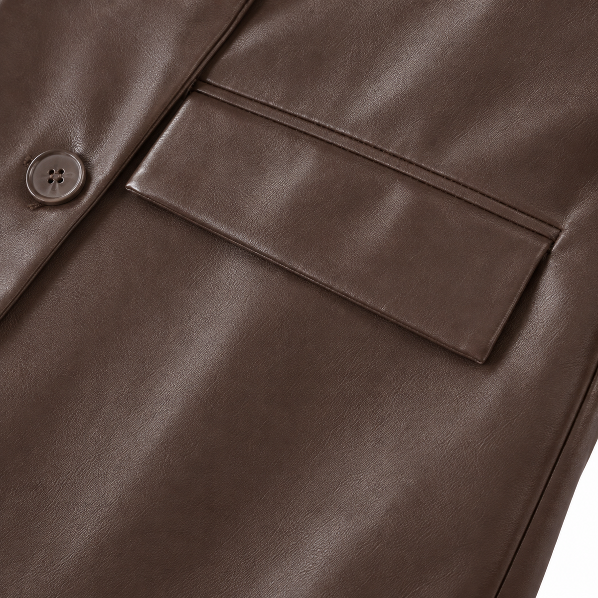 Courtney Faux-Leather Double-Breasted Blazer - Brown, flap pocket and button close-up