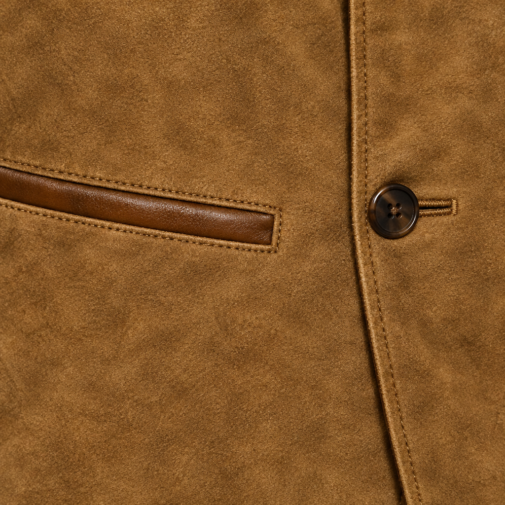 Walter Contrast-Collar Button Jacket - Brown, pocket trim and button close-up