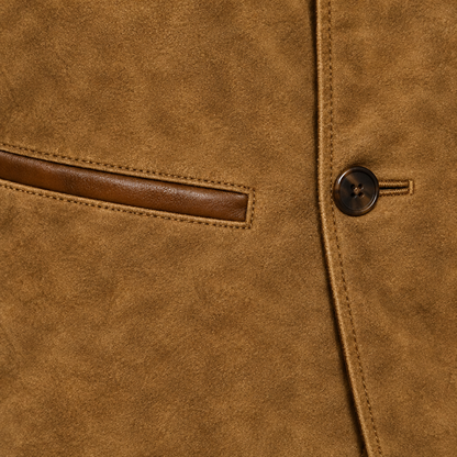 Walter Contrast-Collar Button Jacket - Brown, pocket trim and button close-up