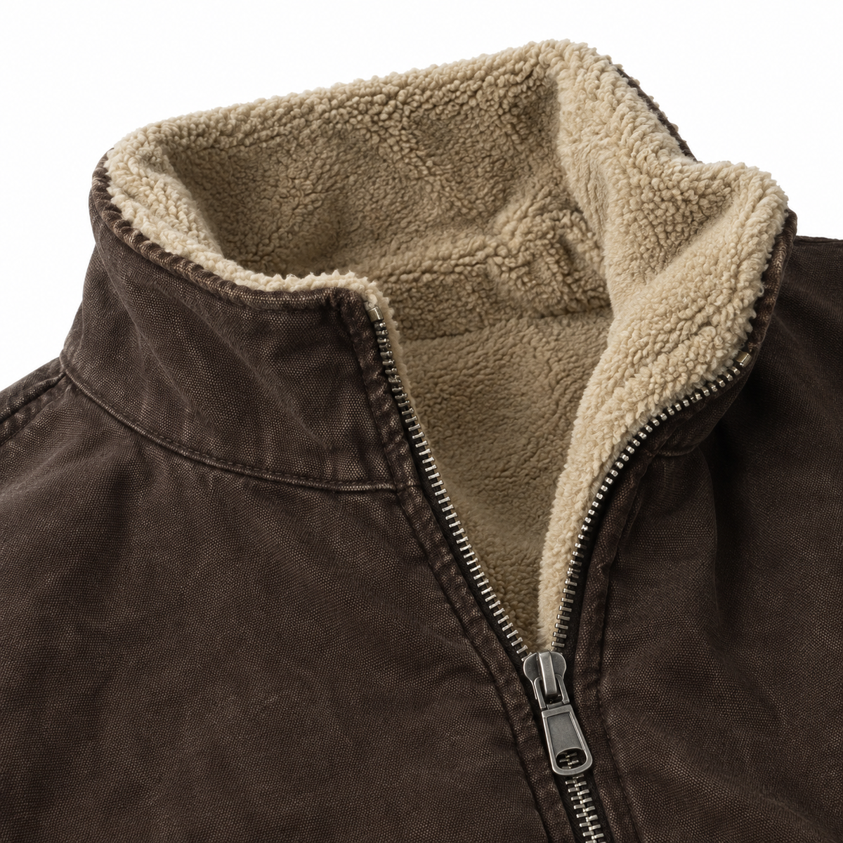 Derek Fleece-Lined Canvas Jacket - Brown, collar and fleece lining close-up