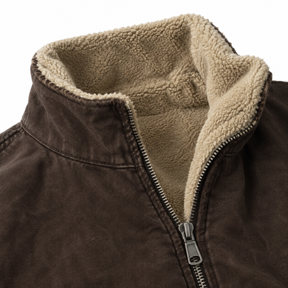 Derek Fleece-Lined Canvas Jacket - Brown, collar and fleece lining close-up