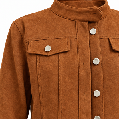 Sadie Faux-Suede Cropped Jacket - Brown, collar and chest pocket close-up