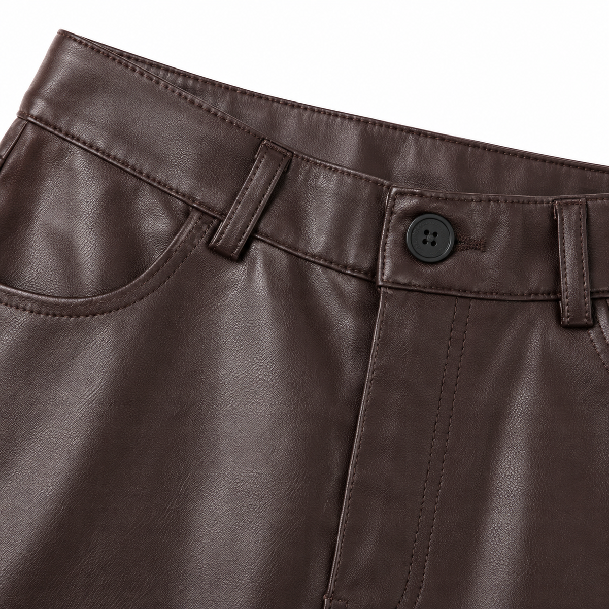 Sydney Faux-Leather Straight-Leg Trousers - Brown, waistband and pocket close-up