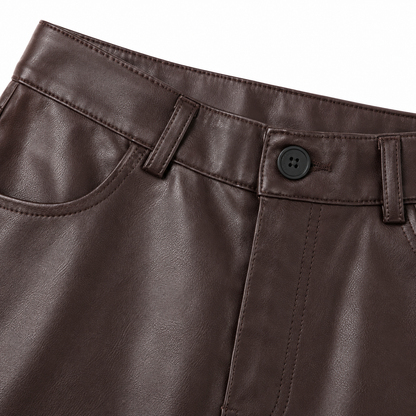 Sydney Faux-Leather Straight-Leg Trousers - Brown, waistband and pocket close-up