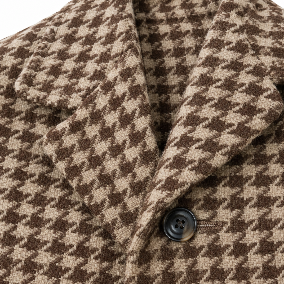 Diana Houndstooth Belted Maxi Coat - Brown, lapel and button close-up