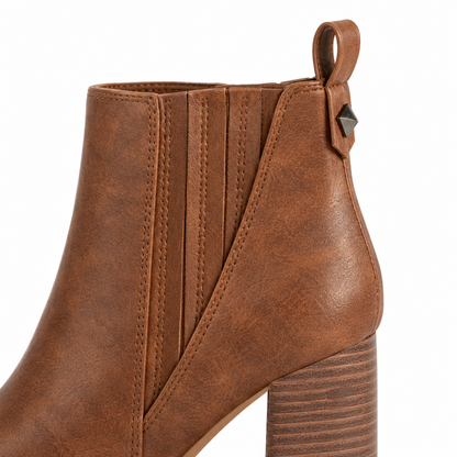 Jenna Pointed-Toe Chelsea Boots - Brown, pull tab and elastic side panel close-up