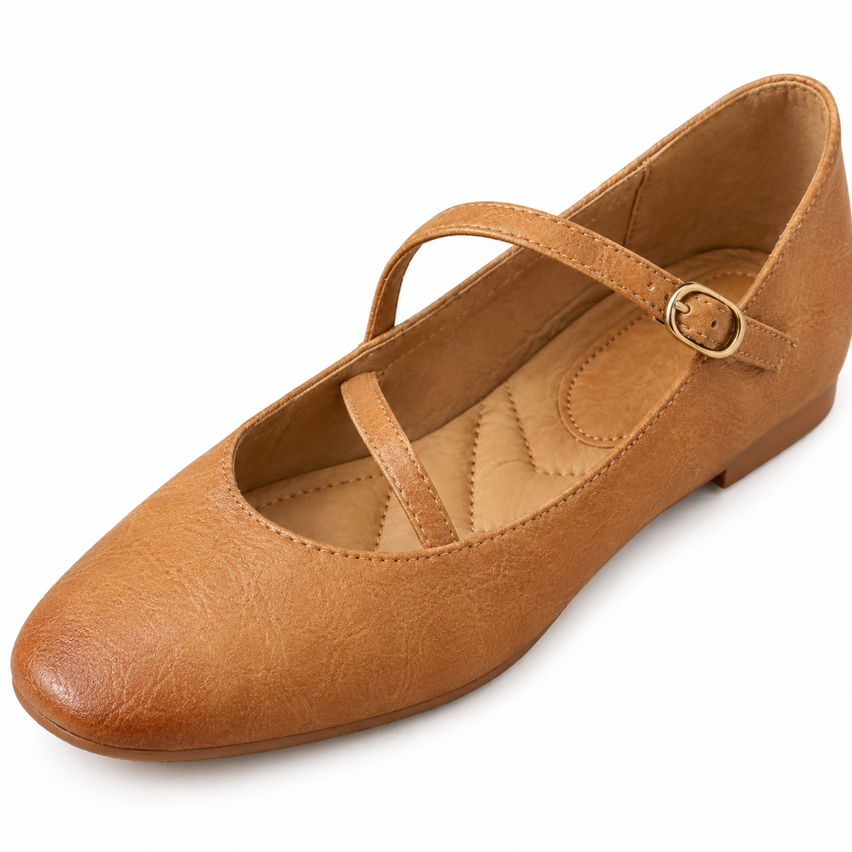 Rose Cross-Strap Mary Jane Flats - Brown, leather, crossed straps and buckle close-up