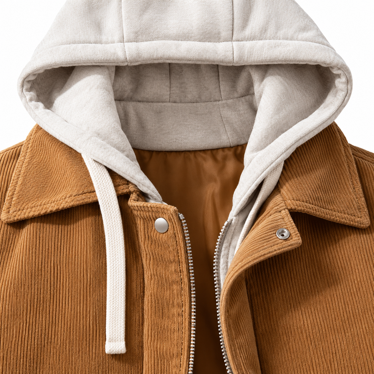 Tyler Layered-Hood Corduroy Jacket - Brown, collar, hood insert and corduroy close-up