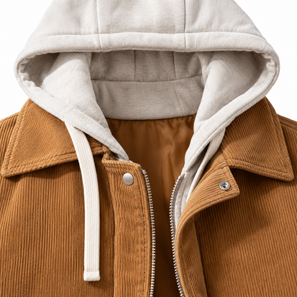 Tyler Layered-Hood Corduroy Jacket - Brown, collar, hood insert and corduroy close-up