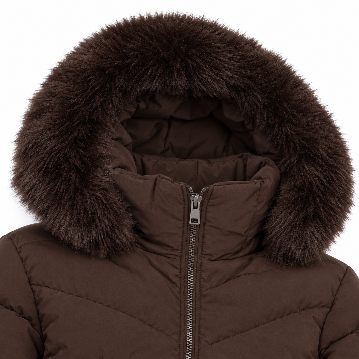 Chloe Fur-Hood Cropped Puffer Jacket - Brown, faux-fur hood trim, zip and quilting close-up