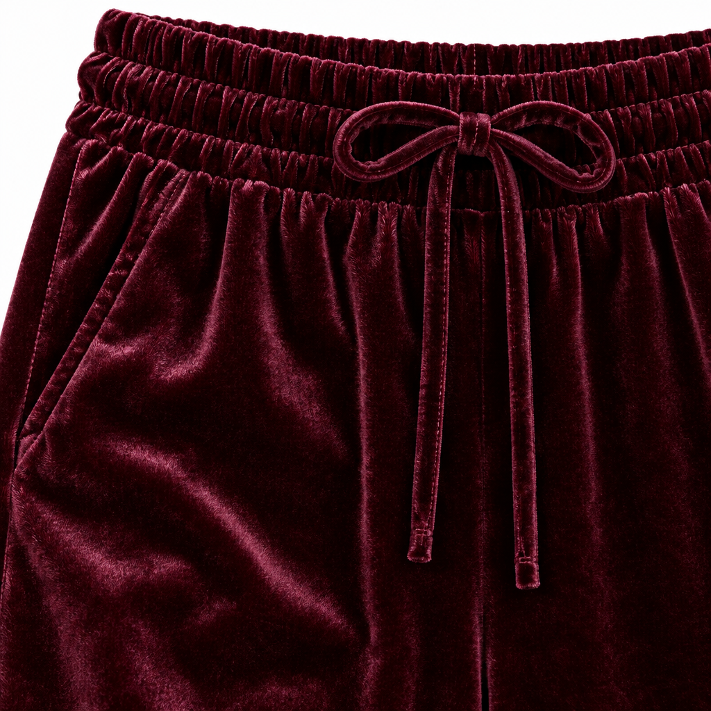 Violet Velvet Drawstring Wide-Leg Pants - Burgundy, waistband and drawstring close-up