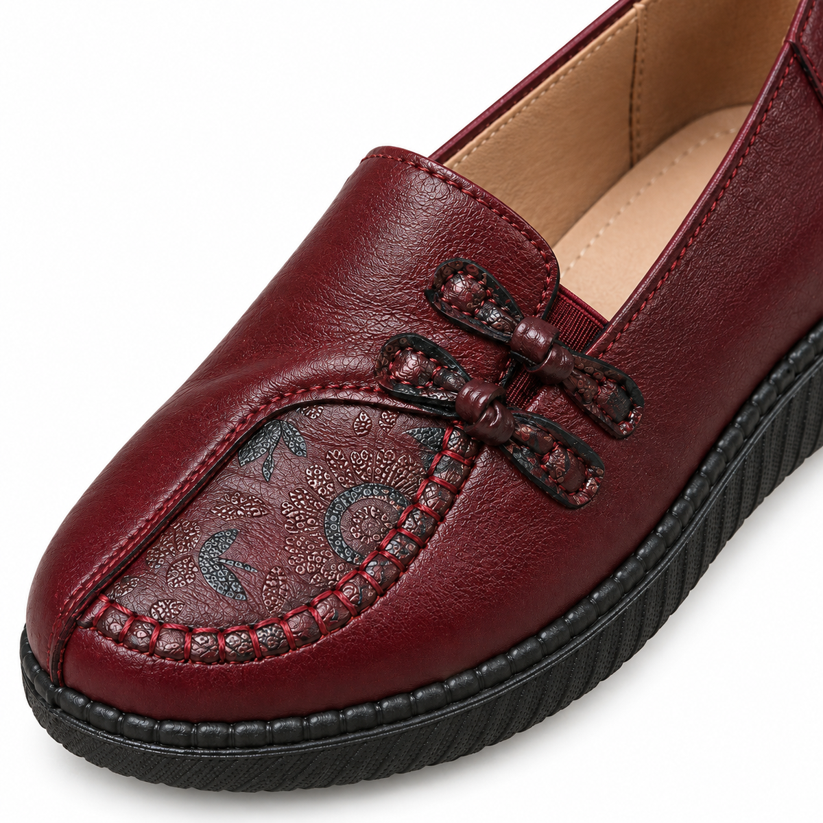 Alice Embossed Leather Moc Loafers - Burgundy, knotted cord and embossed vamp close-up