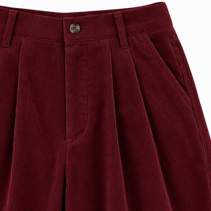 Brooke Pleated Corduroy Wide-Leg Trousers - Burgundy, waistband, pleats and corduroy close-up