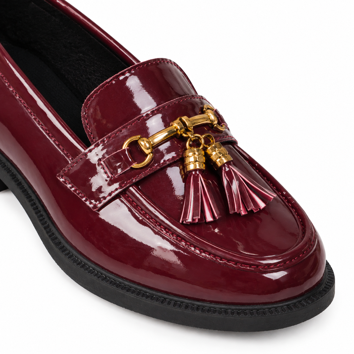 Stella Patent-Look Tassel Loafers - Burgundy, horsebit, tassels and patent finish close-up