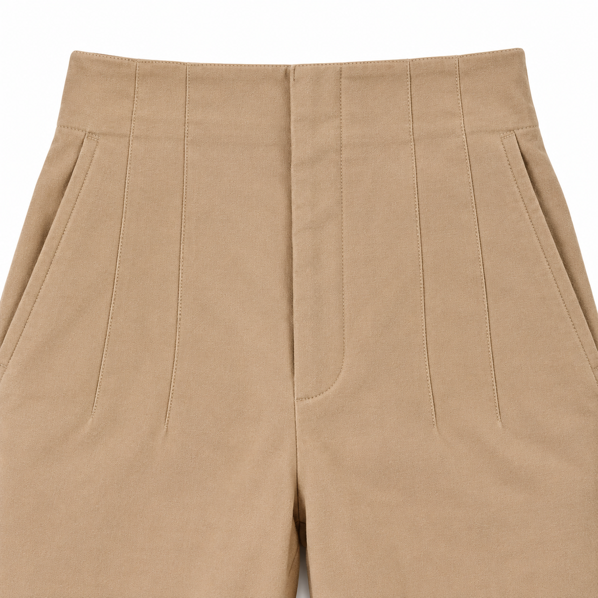 Rachel High-Waist Seamed Trousers - Camel, high waistband, fly and pintuck seams close-up