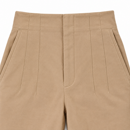 Rachel High-Waist Seamed Trousers - Camel, high waistband, fly and pintuck seams close-up