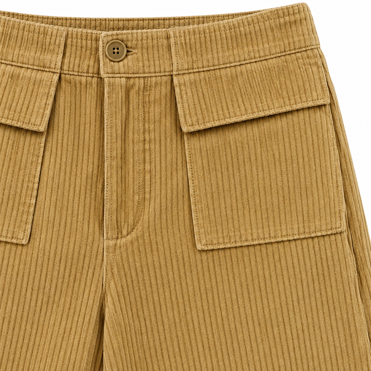 Kate Flap-Pocket Corduroy Wide-Leg Pants - Camel, button waistband and flap pocket close-up