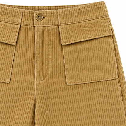Kate Flap-Pocket Corduroy Wide-Leg Pants - Camel, button waistband and flap pocket close-up