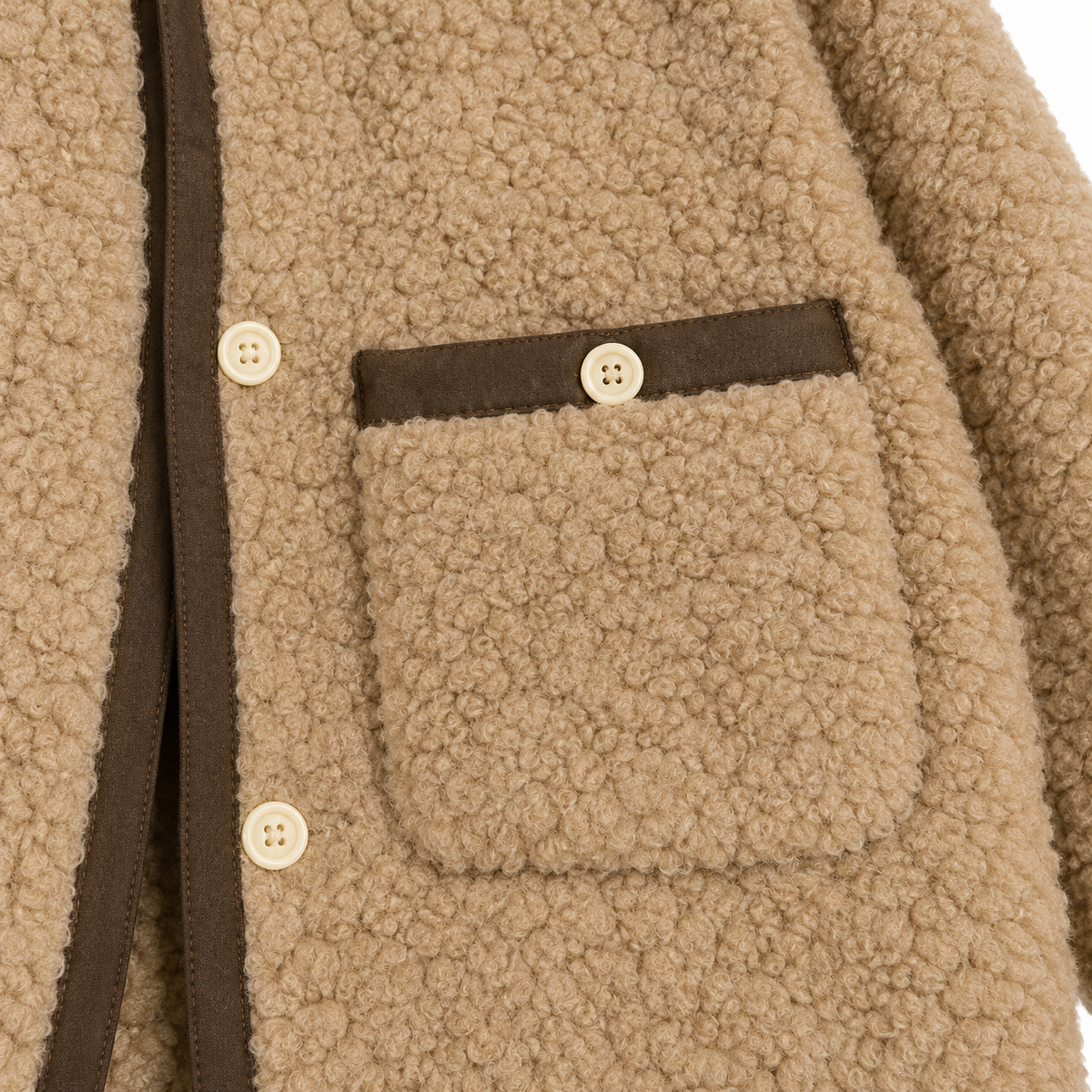 Sophie Contrast-Trim Teddy Jacket - Camel, patch pocket and trim close-up