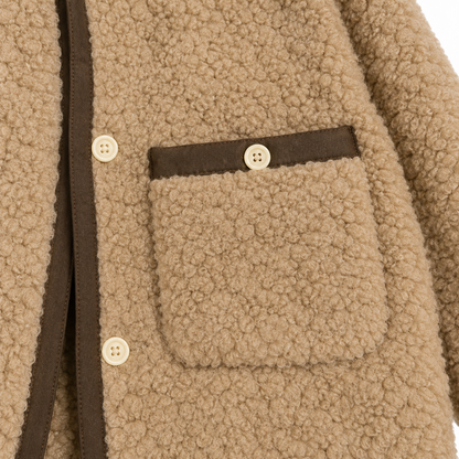 Sophie Contrast-Trim Teddy Jacket - Camel, patch pocket and trim close-up