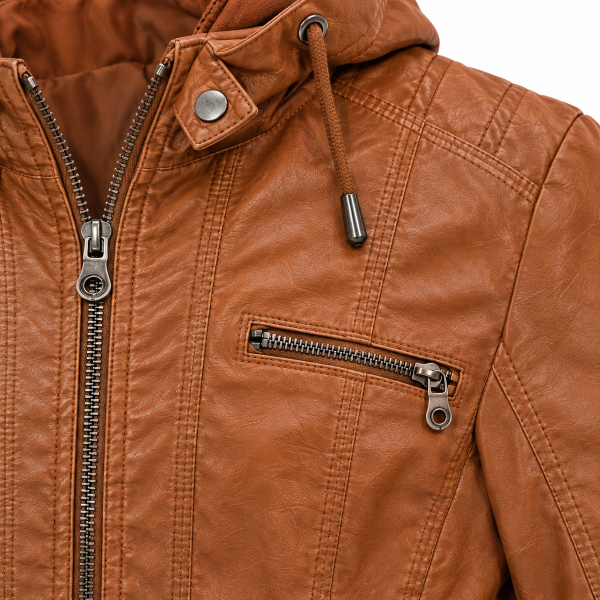 Rebecca Hooded Faux-Leather Jacket - Camel, chest pocket and collar close-up