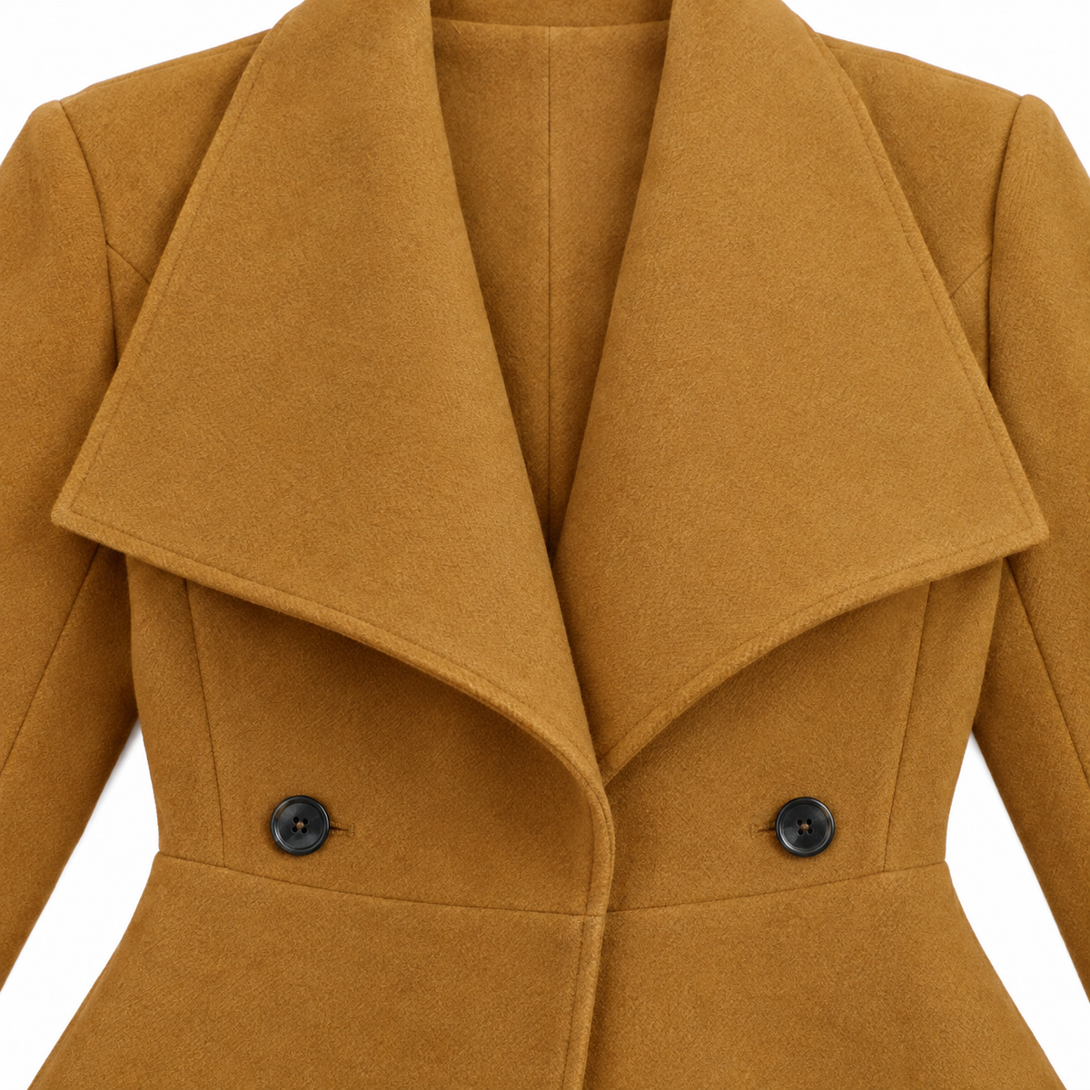 Rachel Wide-Lapel Flared Coat - Camel, lapel and waist button close-up