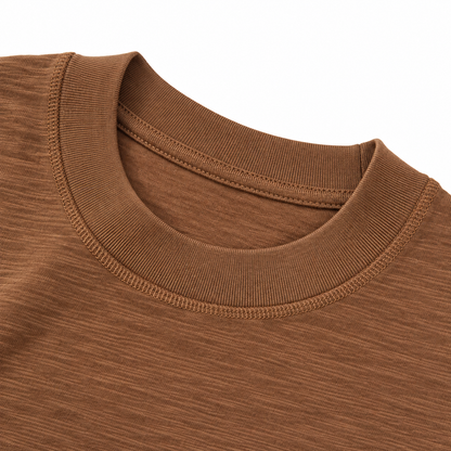 Calvin Heavyweight Slub Cotton Tee - Camel, neckline and slub cotton close-up