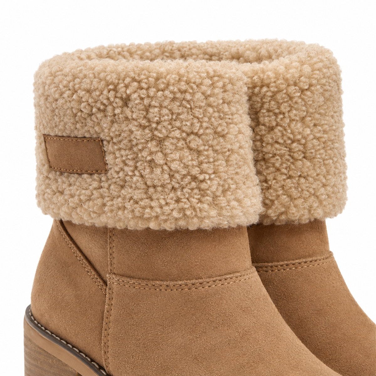 Aspen Faux-Shearling Cuff Ankle Boots - Camel, fleece cuff close-up